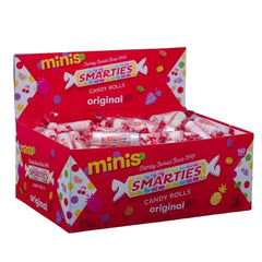 Smarties Mini Rolls packaging closeup highlighting vegan and gluten-free credentials.