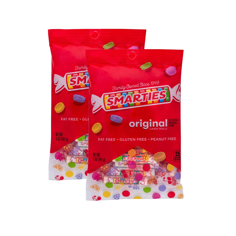 Smarties original rolls packaging close-up; gluten-free and vegan friendly.