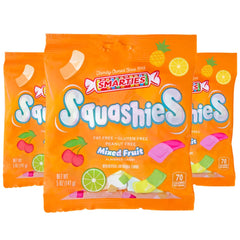 Smarties Squashies front pack shot showing gluten-free and peanut-free gummy candy.