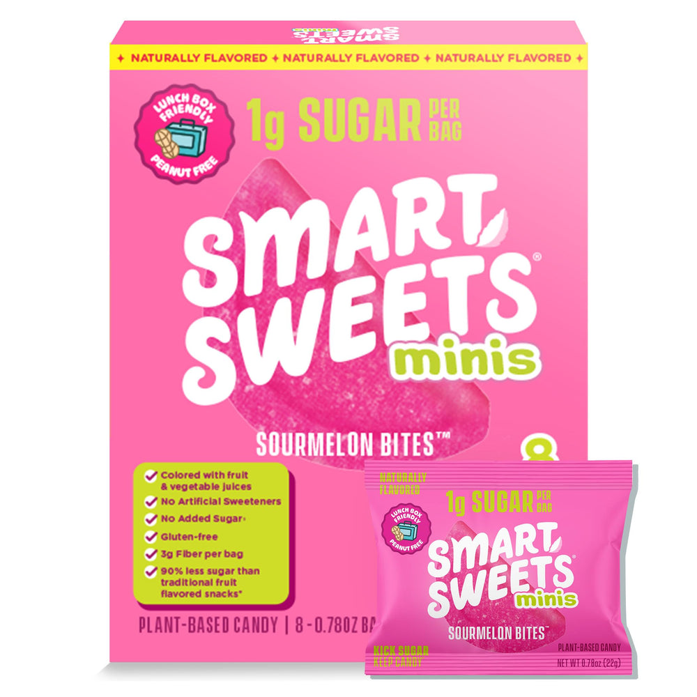 SmartSweets Sourmelon Bites pack shown as an eight-pouch multipack for easy on-the-go snacking
