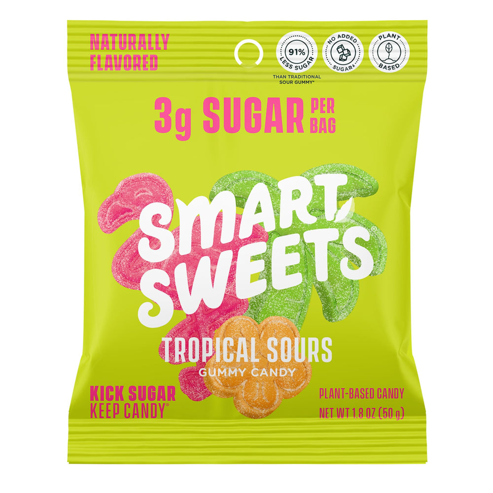 SmartSweets Tropical Sours gummy bag showing tangy, low-sugar snack option