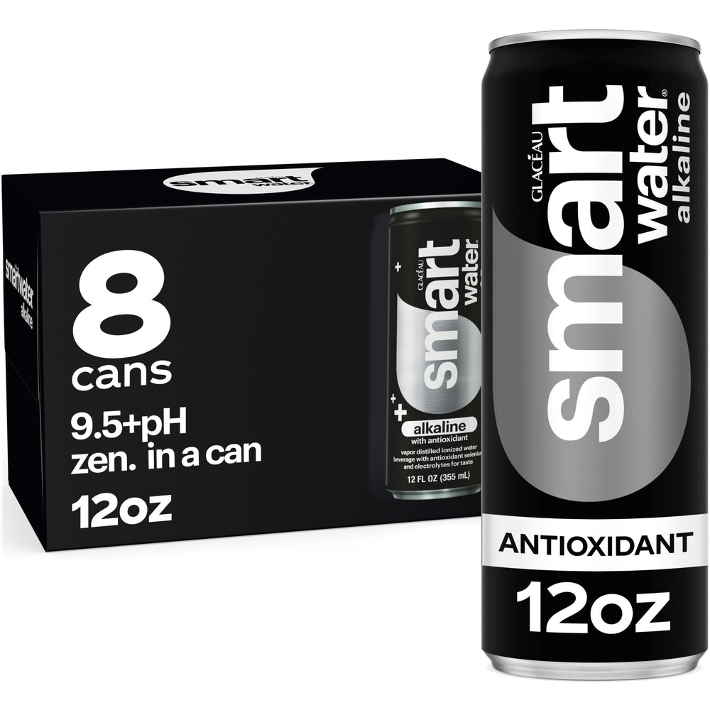 Smartwater alkaline antioxidant can front view for refreshing hydration on the go
