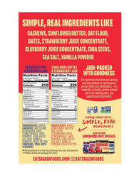 Smash Foods Snack Bites flavor lineup showcasing Cashew Butter & Blueberry and Sunflower Butter & Strawberry.