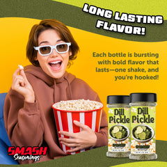 Smash Seasonings Dill Pickle Popcorn Seasoning on chips for bold flavor