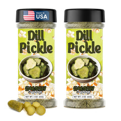 Smash Seasonings Dill Pickle Popcorn Seasoning shaker on popcorn for tangy flavor
