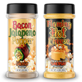 Smash Seasonings Flaming Hot Cheese & Bacon Popcorn Seasoning bottle pouring onto popcorn for bold flavor.