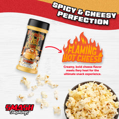Smash Seasonings Flaming Hot Cheese Popcorn Shaker on nachos with spicy cheese