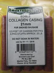 Smokehouse Chef edible 21mm collagen casing in smoker for homemade snacks.