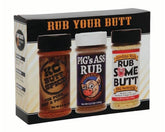 SMOKIN' BOOTY RUBS Rub Your Butt Championship BBQ Gift Pack bottle front for flavorful grilling.