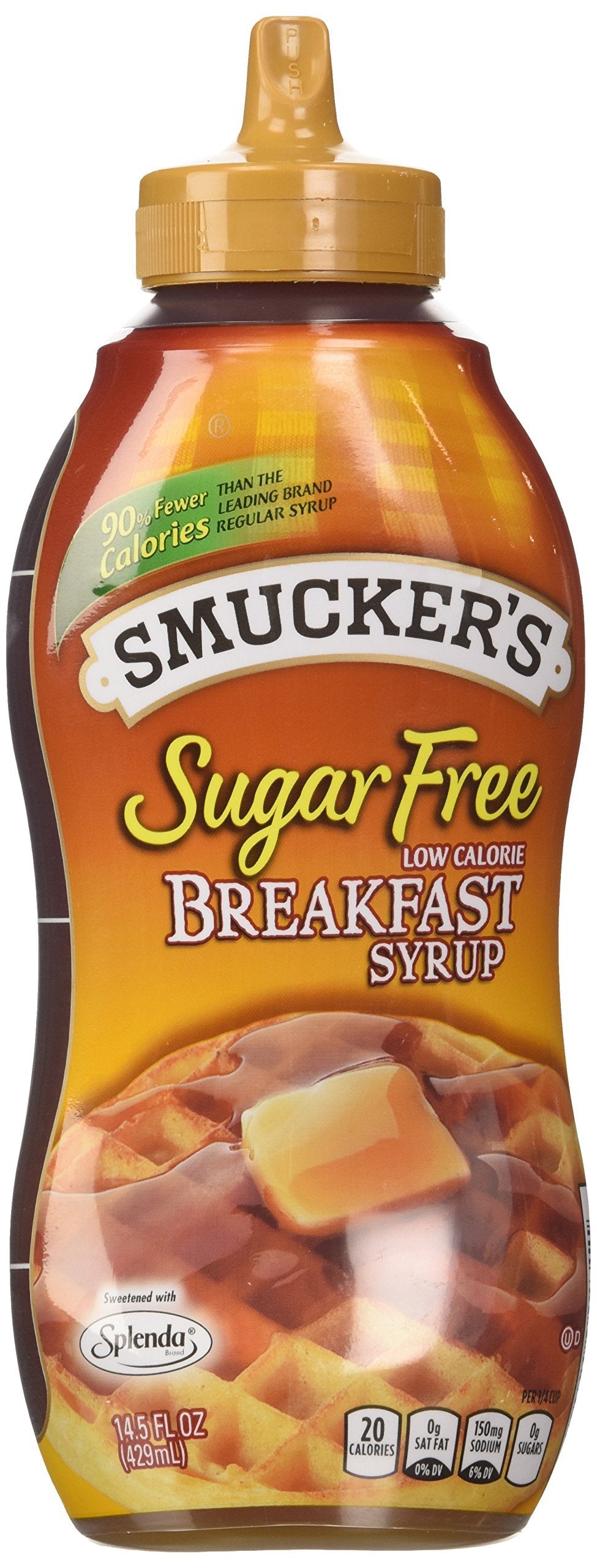 Smucker's Sugar Free Breakfast Syrup bottle for pancakes with zero sugar.