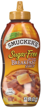 Smucker's Sugar Free Breakfast Syrup bottle for pancakes with zero sugar.