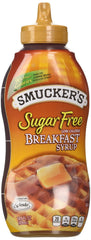 Smucker's Sugar Free Breakfast Syrup bottle for pancakes with zero sugar.
