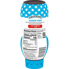 Pouring Smucker’s sugar-free strawberry jam for easy topping without added sugar