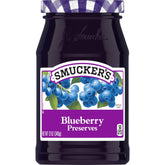 Smucker's Blueberry Preserves jar top view showcasing rich blueberry flavor for breakfast.