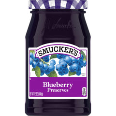 Smucker's Blueberry Preserves jar top view showcasing rich blueberry flavor for breakfast.