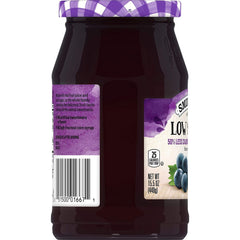 Smucker's Concord Grape Jelly label detail highlighting reduced sugar option.