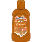 Smucker's Magic Shell caramel topping bottle pour over ice cream, showing quick crunchy shell