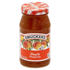 Smucker's Peach Preserves held in a 12 oz jar, ideal for breakfast spreads and desserts