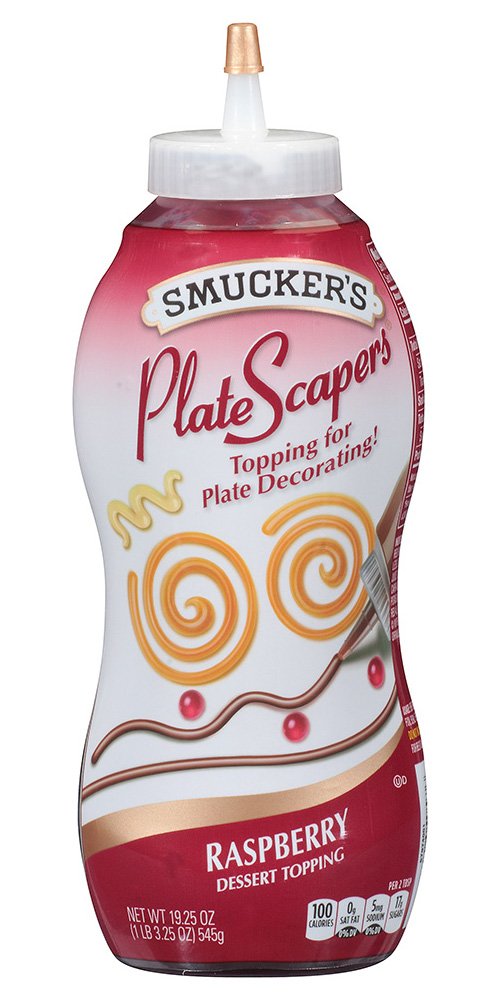 Smucker's Plate Scraper Raspberry with decorating-tip for precise borders in desserts.