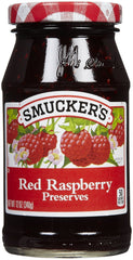 Smucker's Red Raspberry Preserves jar, perfect for cheese pairing and toast toppings.