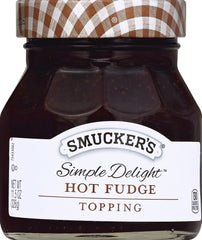 Smucker's Simple Delight hot fudge topping jar closeup with glossy drizzle