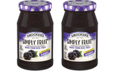 Smucker's Simply Fruit Seedless Blackberry Spread jar shows smooth texture and rich seedless flavor.