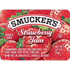Smucker's strawberry jam cups provide convenient single-serve packaging for quick meals.