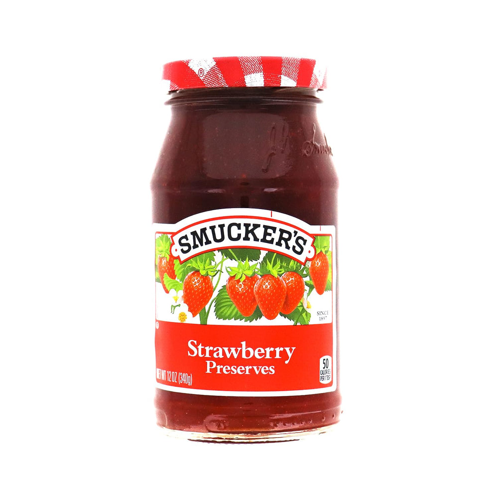 Smucker's Strawberry Preserve jar close-up, perfect for spreading on toast or pancakes.
