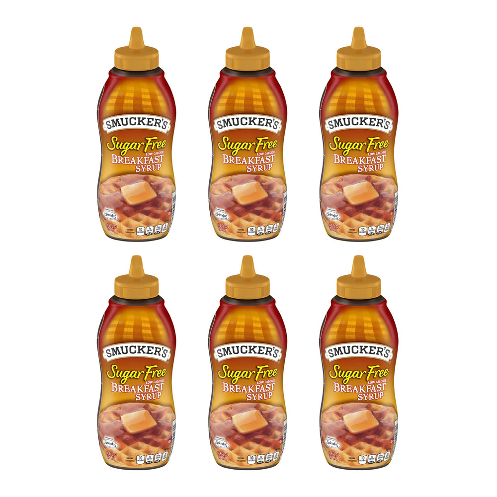 Smucker's Sugar Free Breakfast Syrup bottle pouring on pancakes for a flavorful, low-calorie breakfast.
