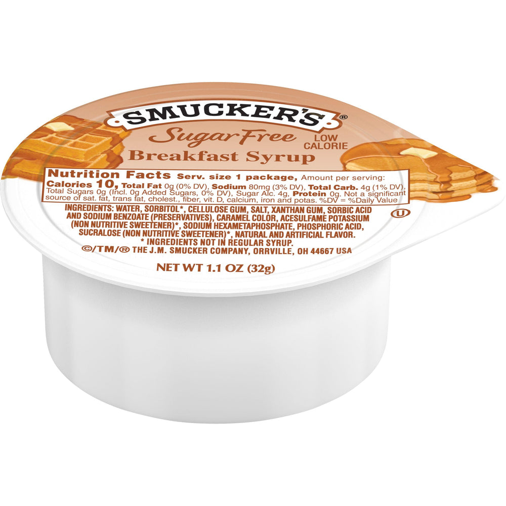 Smucker's Sugar Free Breakfast Syrup front packaging demonstrates reliable branding for quick service