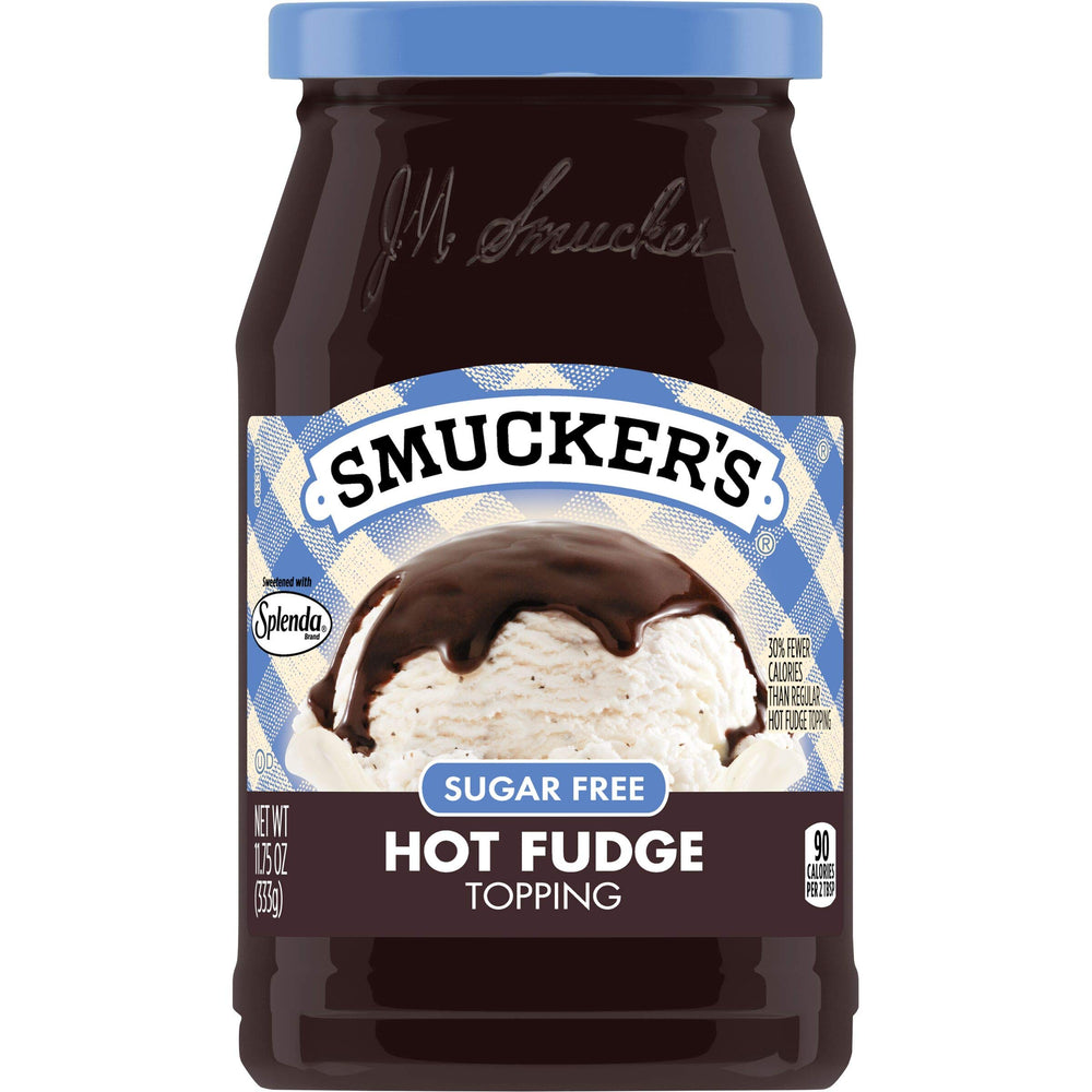 Smucker's Sugar Free Hot Fudge Topping jar shows glossy chocolate for a lower-calorie treat.
