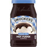 Smucker's Sugar Free Hot Fudge Topping jar shows glossy chocolate for a lower-calorie treat.