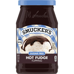 Smucker's Sugar Free Hot Fudge Topping jar shows glossy chocolate for a lower-calorie treat.