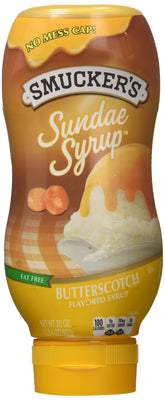 Smucker's Sundae Syrup Butterscotch bottle ready for creamy ice cream topping.