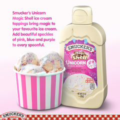 Ice cream topped with Smucker's Unicorn Magic Shell topping for a fun, crisp texture.