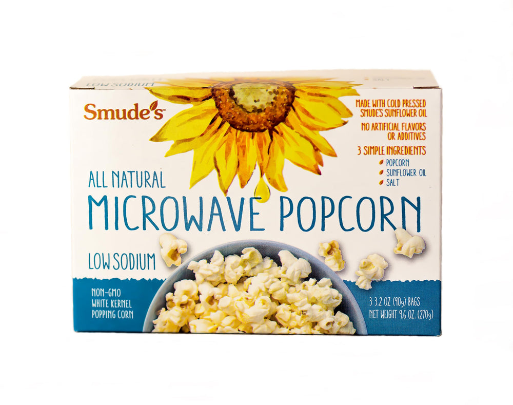 Smude's Brand all-natural microwave popcorn bag front view for a healthy snack.