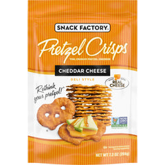 Snack Factory Cheddar Pretzel Crisps bag showing resealable packaging for freshness