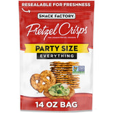 Snack Factory Everything Pretzel Crisps pack on table for easy snacking and sharing.