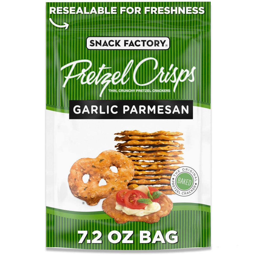 Snack Factory Garlic Parmesan Pretzel Crisps bag, ideal for quick snacking