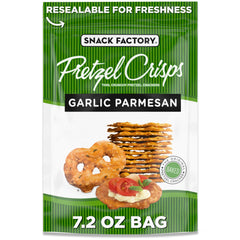Snack Factory Garlic Parmesan Pretzel Crisps bag, ideal for quick snacking