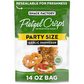 Snack Factory Garlic Parmesan Pretzel Crisps pack shot with resealable bag for easy sharing.