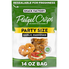 Snack Factory Garlic Parmesan Pretzel Crisps pack shot with resealable bag for easy sharing.