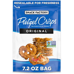 Snack Factory Original Pretzel Crisps bag view, resealable for freshness and easy snacking.