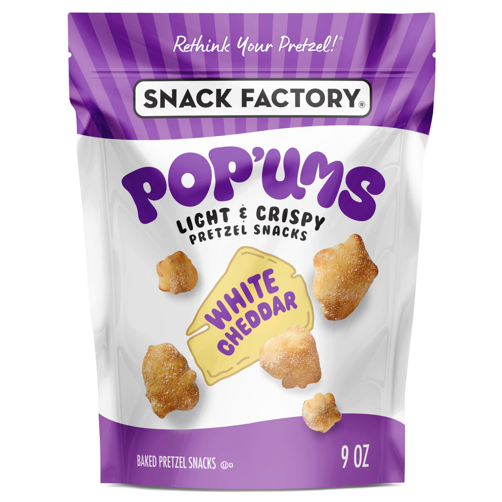 Snack Factory Pop’ums white cheddar bag front shows crispy pretzel crunch.