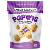 Snack Factory Pop’ums white cheddar bag front shows crispy pretzel crunch.
