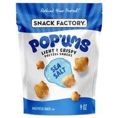 Snack Factory Pop'ums sea salt pretzel snacks bag shows a baked, crispy texture for on-the-go snacking.
