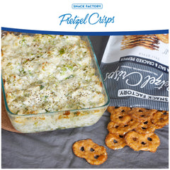 Snack Factory Pretzel Crisps with cheese dip for a party platter.