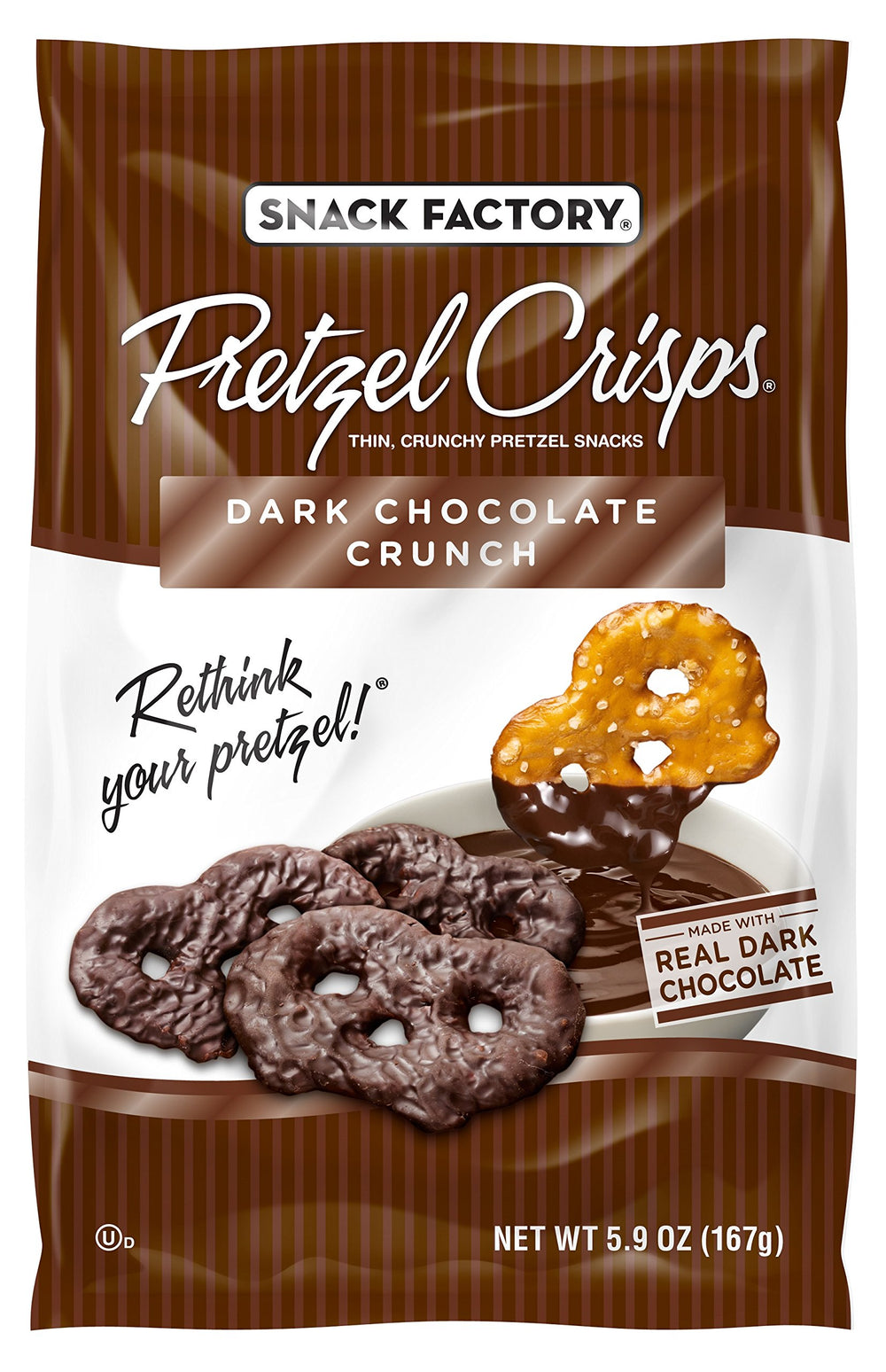 Snack Factory Dark Chocolate Covered Pretzel Crisps bag on table, convenient snack for on-the-go.