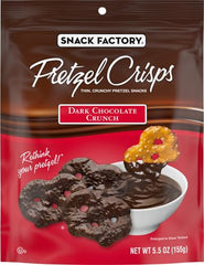 Serving idea with Snack Factory dark chocolate pretzel crisps beside ice cream dessert.