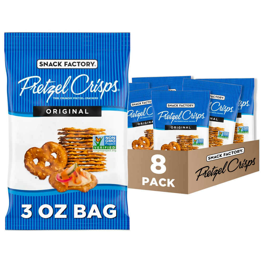 Snack Factory Pretzel Crisps Original bag front, 3oz, ideal for on-the-go snacking.